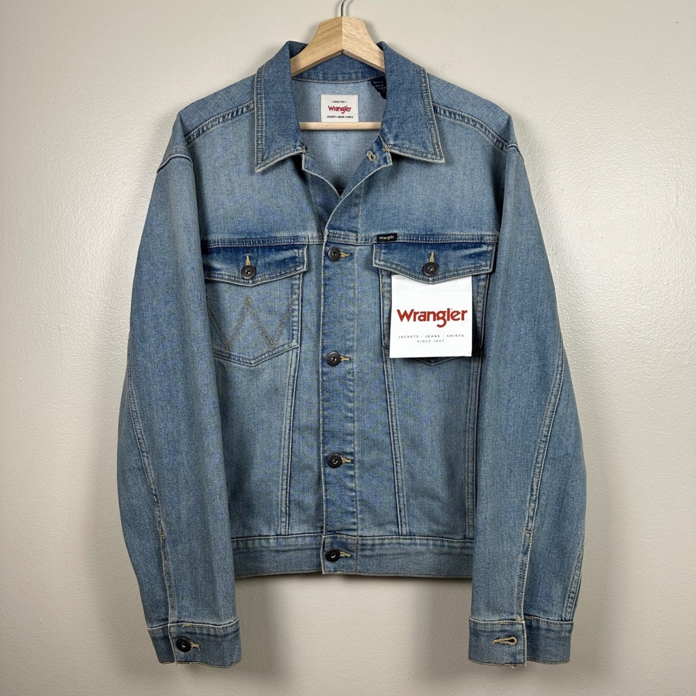 Wrangler‎ Men's S Denim Trucker Jacket Blue Medium Wash Stretch 80s Western NEW